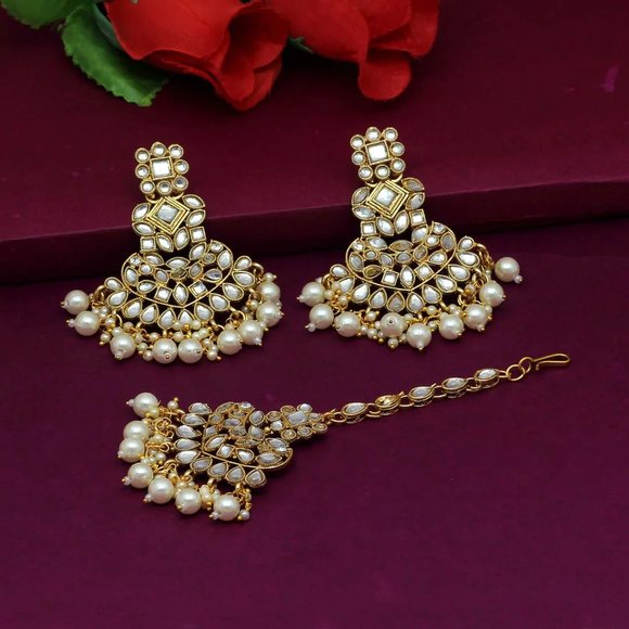 Jewelry - Faux Pearl Kundan Earrings With Maang Tikka